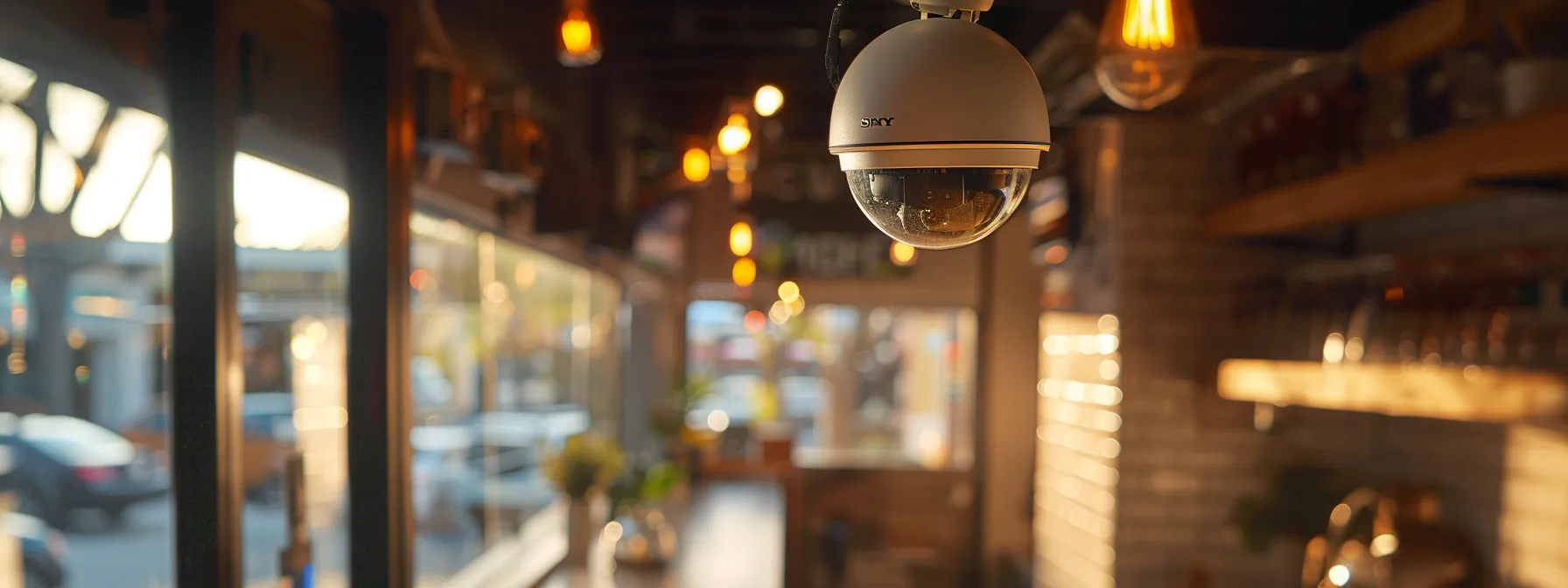 a high-tech surveillance camera monitoring a bustling kansas city small business.