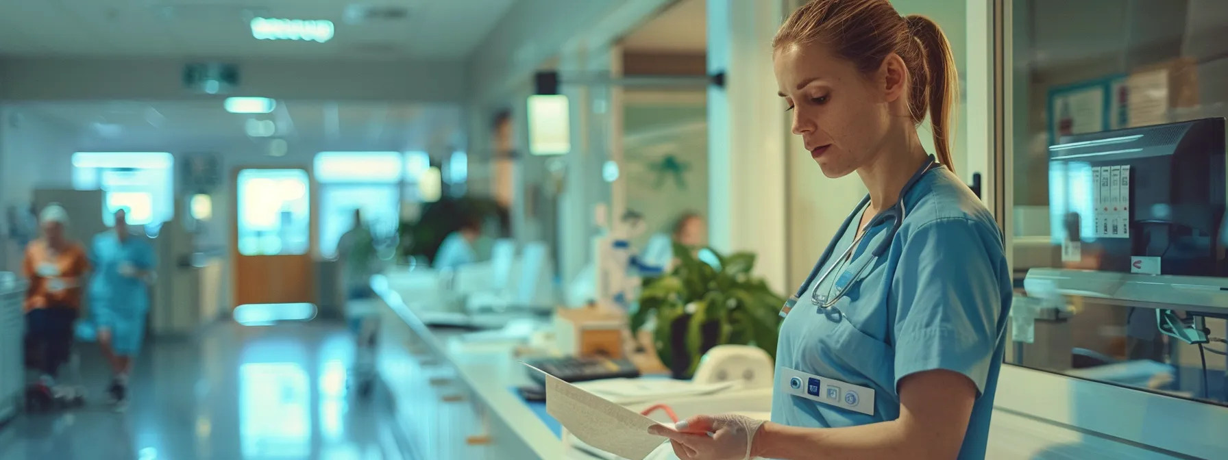 a nurse verifying her identity using iris recognition technology to access a secure area in a hospital.