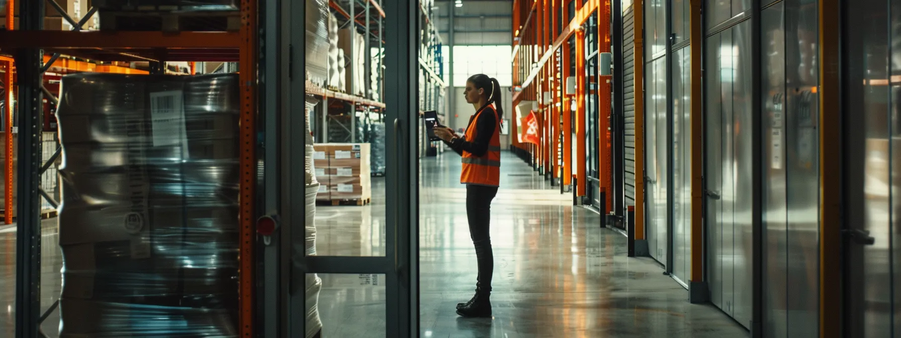 a warehouse employee using a biometric scanner to access a secure door.