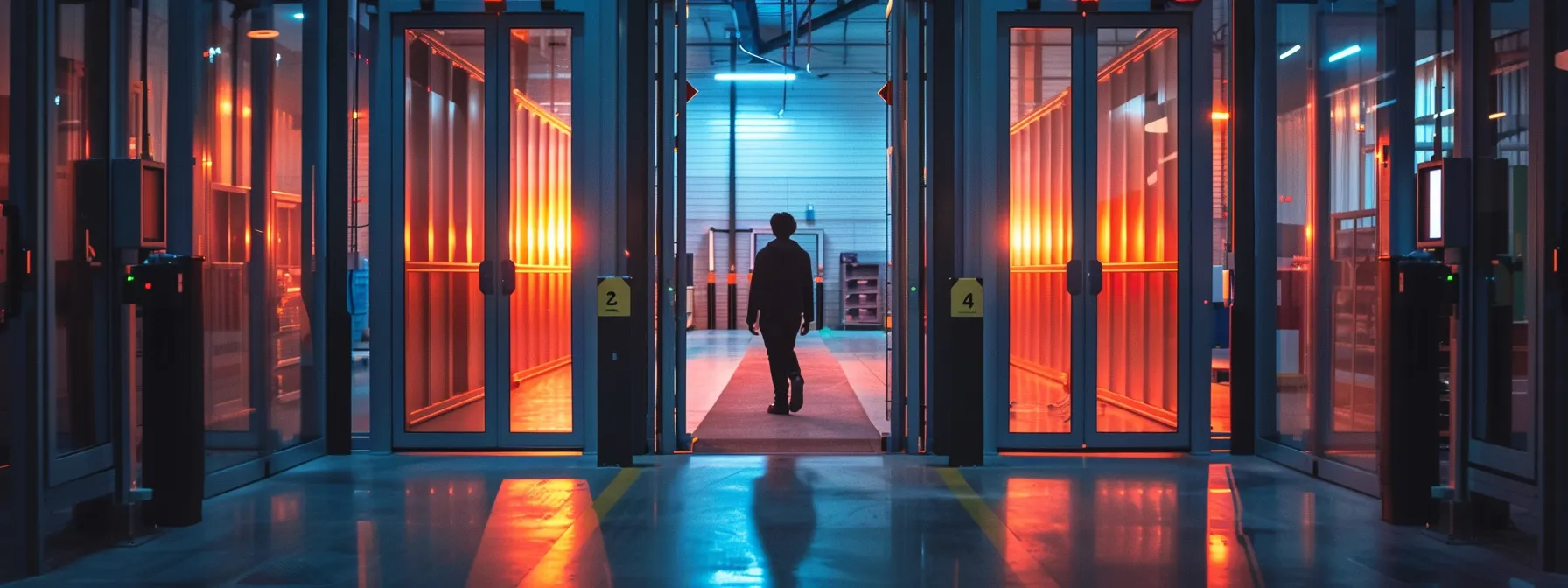 a person passing through a high-tech biometric security gate at a distribution center in kansas city.