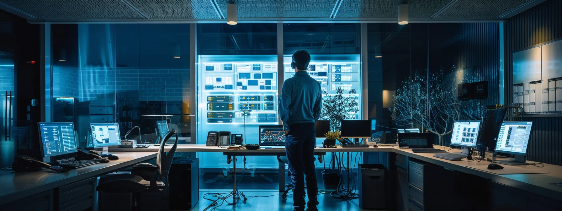 a technician performing maintenance on a biometric security system in a sleek, modern control room.